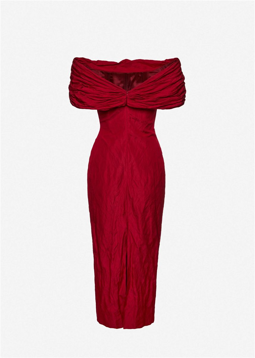Off-Shoulder Draped Midi Dress in Red-MAGDA BUTRYM-Verso