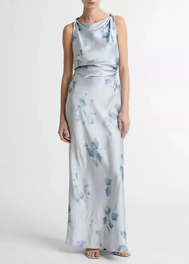 Petal Blur Satin Twist-shoulder Dress-VINCE-Verso