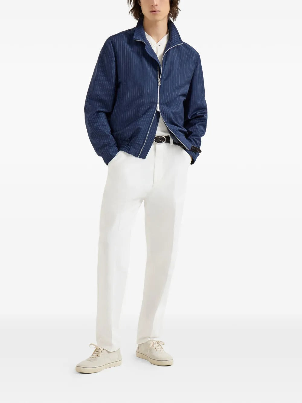 Pinstripe stand-collar jacket-BRUNELLO CUCINELLI-Verso