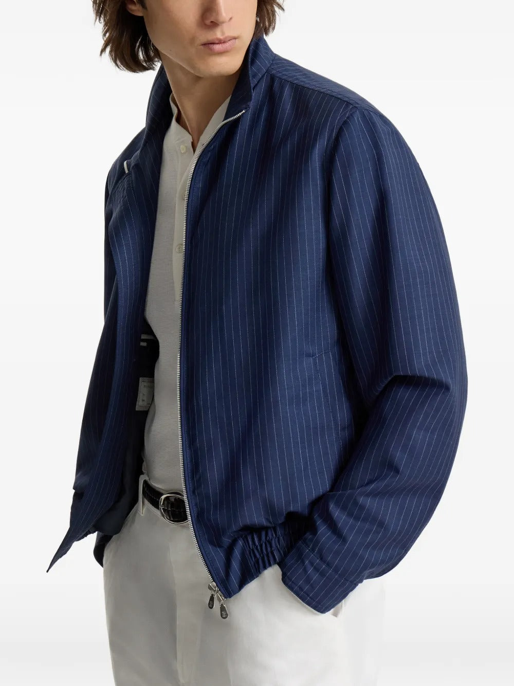 Pinstripe stand-collar jacket-BRUNELLO CUCINELLI-Verso