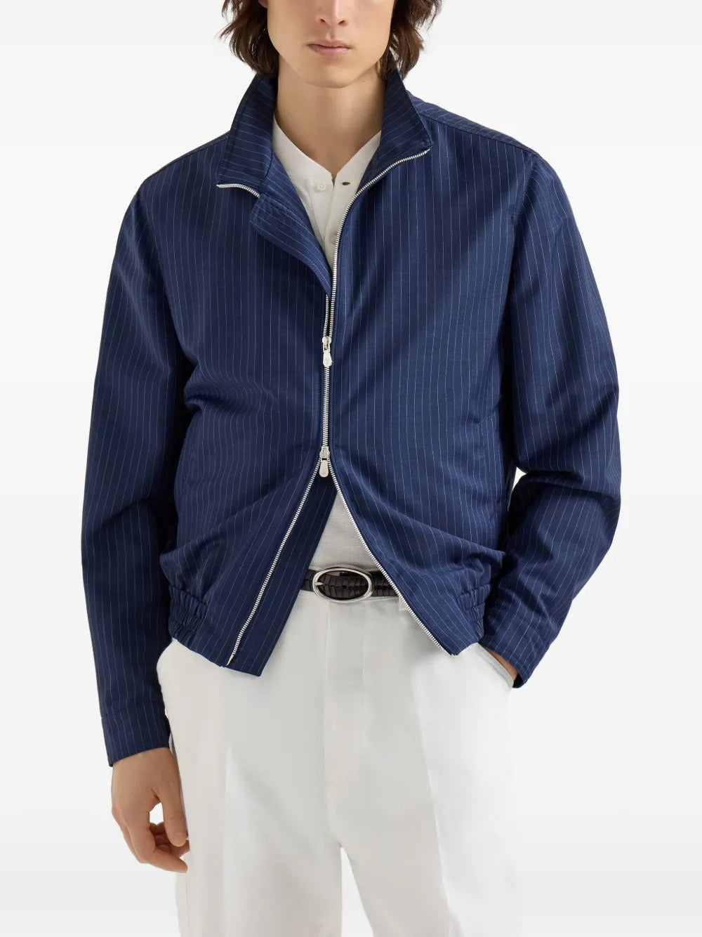 Pinstripe stand-collar jacket-BRUNELLO CUCINELLI-Verso