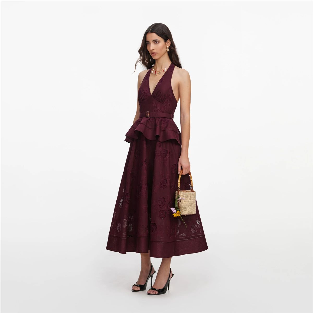 Plum Linen Blend Peplum Midi Dress-SELF-PORTRAIT-Verso
