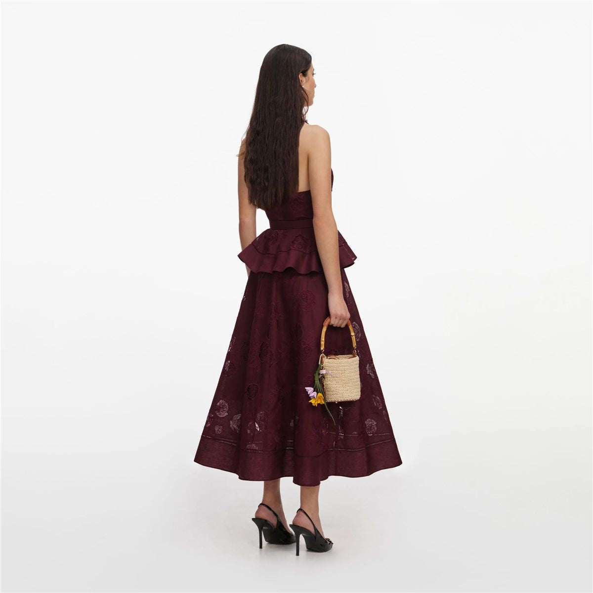 Plum Linen Blend Peplum Midi Dress-SELF-PORTRAIT-Verso