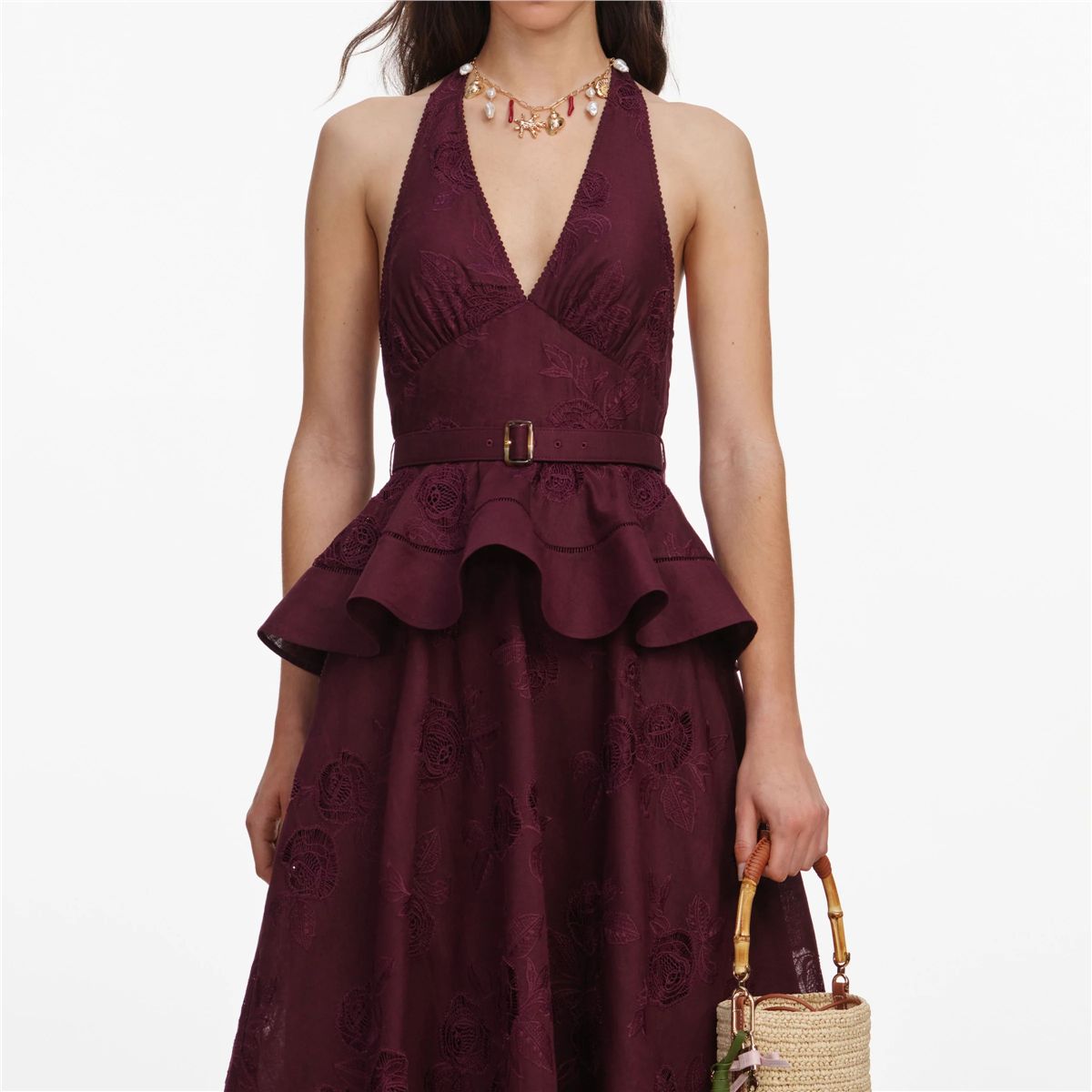 Plum Linen Blend Peplum Midi Dress-SELF-PORTRAIT-Verso