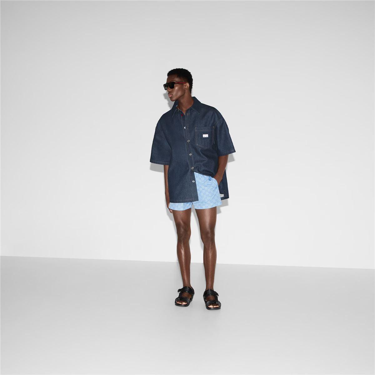 Printed poplin tech swim shorts-GUCCI-Verso