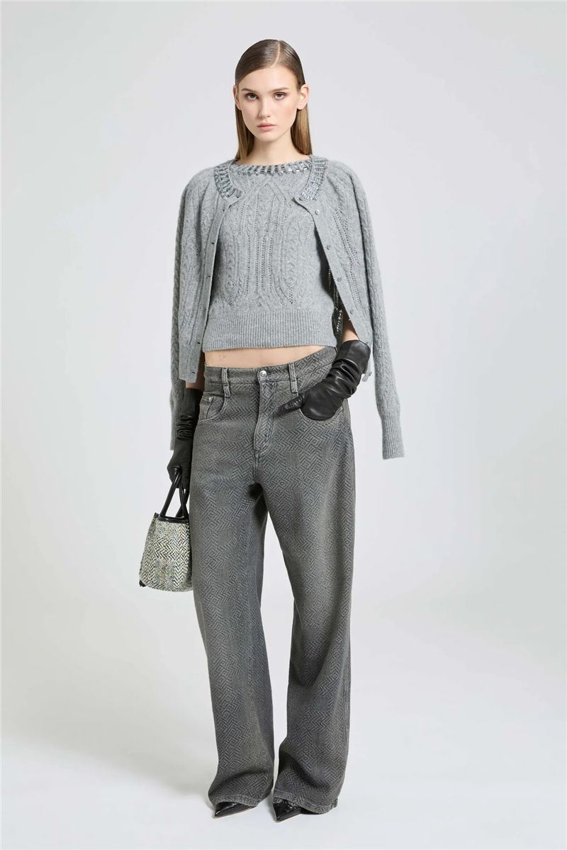 Pure cashmere cardigan with cable-knit, openwork detailing and baguette crystals-ERMANNO SCERVINO-Verso