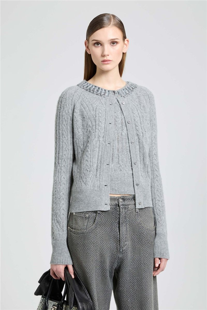 Pure cashmere cardigan with cable-knit, openwork detailing and baguette crystals-ERMANNO SCERVINO-Verso