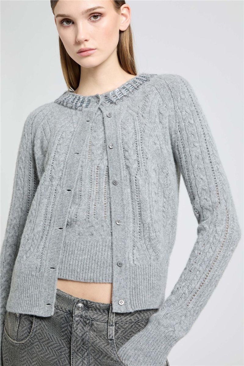 Pure cashmere cardigan with cable-knit, openwork detailing and baguette crystals-ERMANNO SCERVINO-Verso