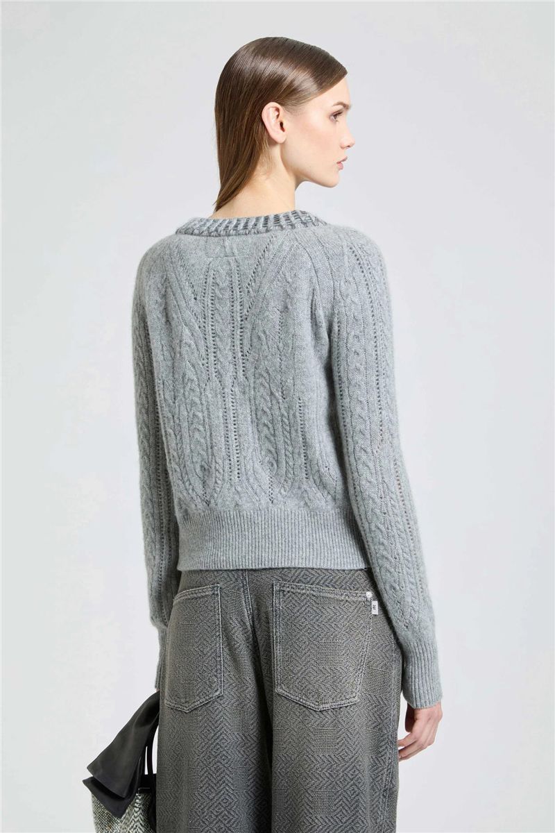Pure cashmere cardigan with cable-knit, openwork detailing and baguette crystals-ERMANNO SCERVINO-Verso