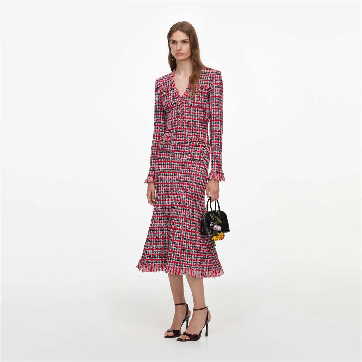 Red check frayed knit midi dress-SELF-PORTRAIT-Verso