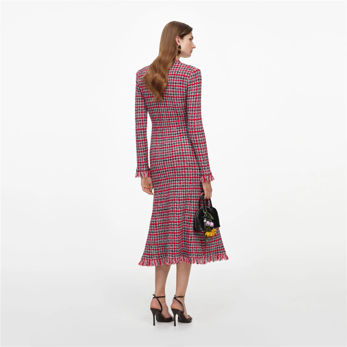 Red check frayed knit midi dress-SELF-PORTRAIT-Verso
