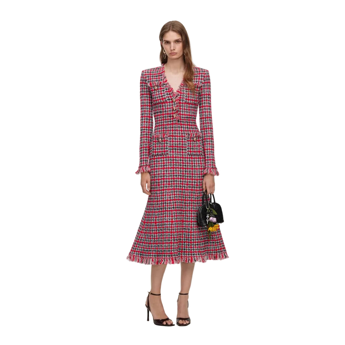 Red check frayed knit midi dress-SELF-PORTRAIT-316195-S-Verso