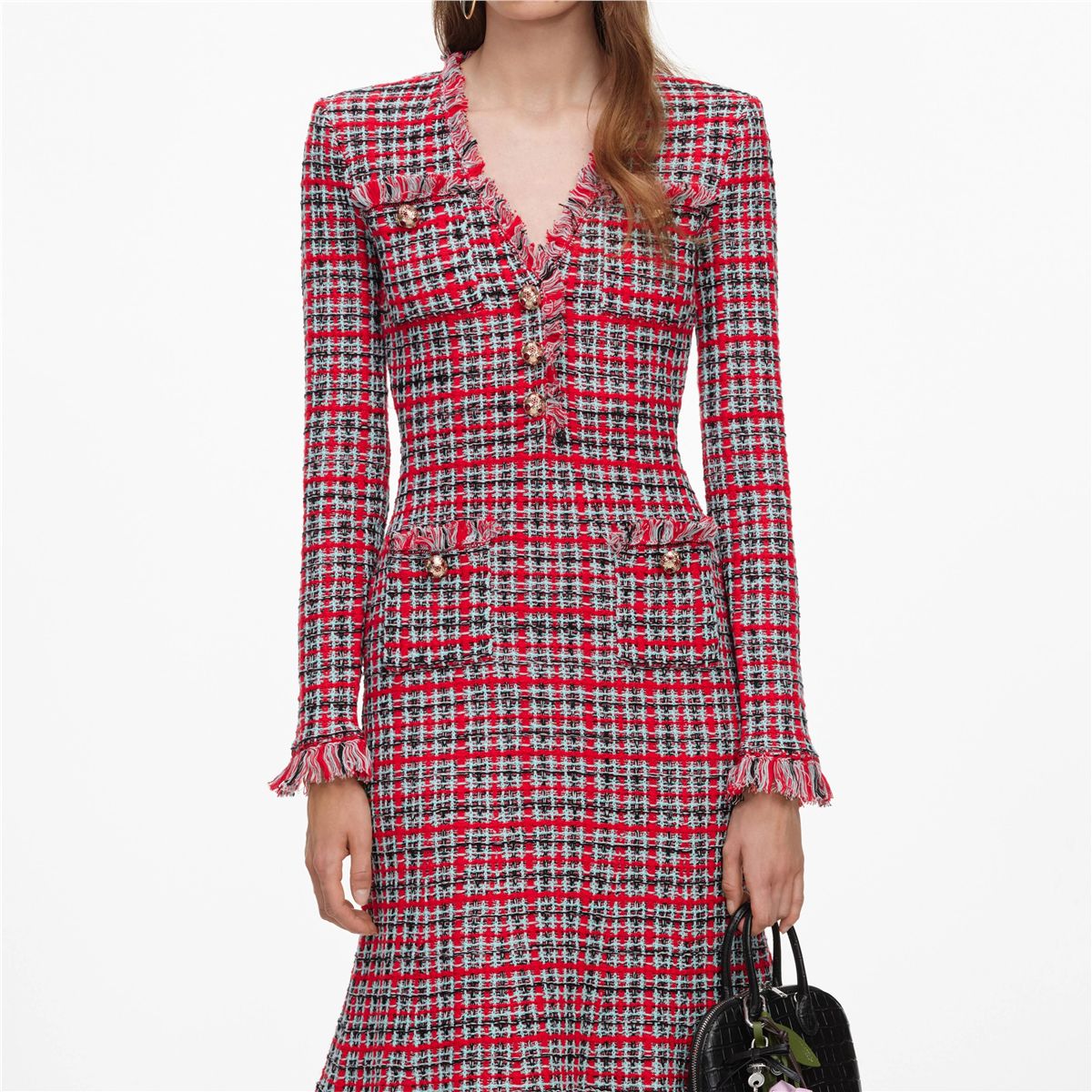 Red check frayed knit midi dress-SELF-PORTRAIT-Verso