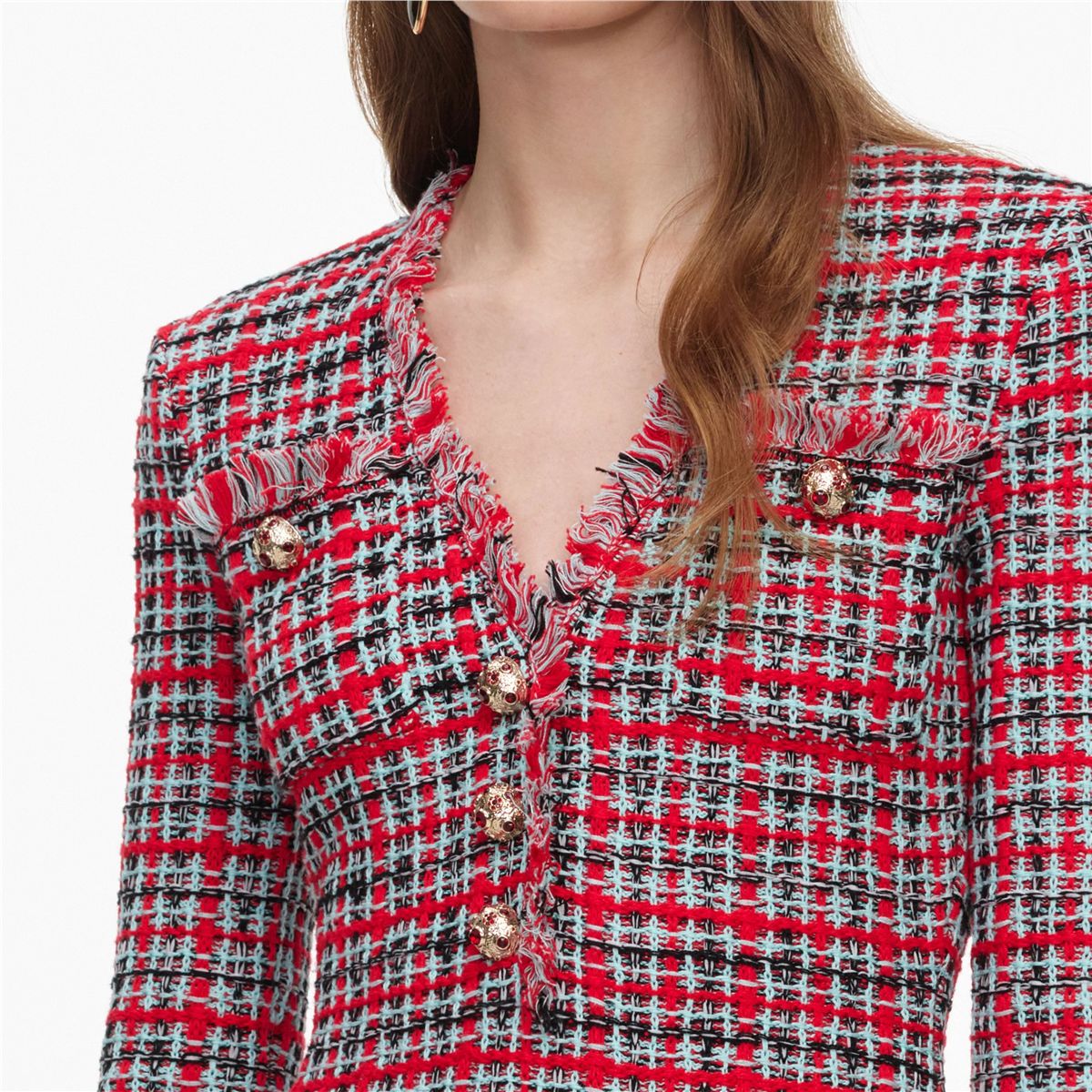 Red check frayed knit midi dress-SELF-PORTRAIT-Verso