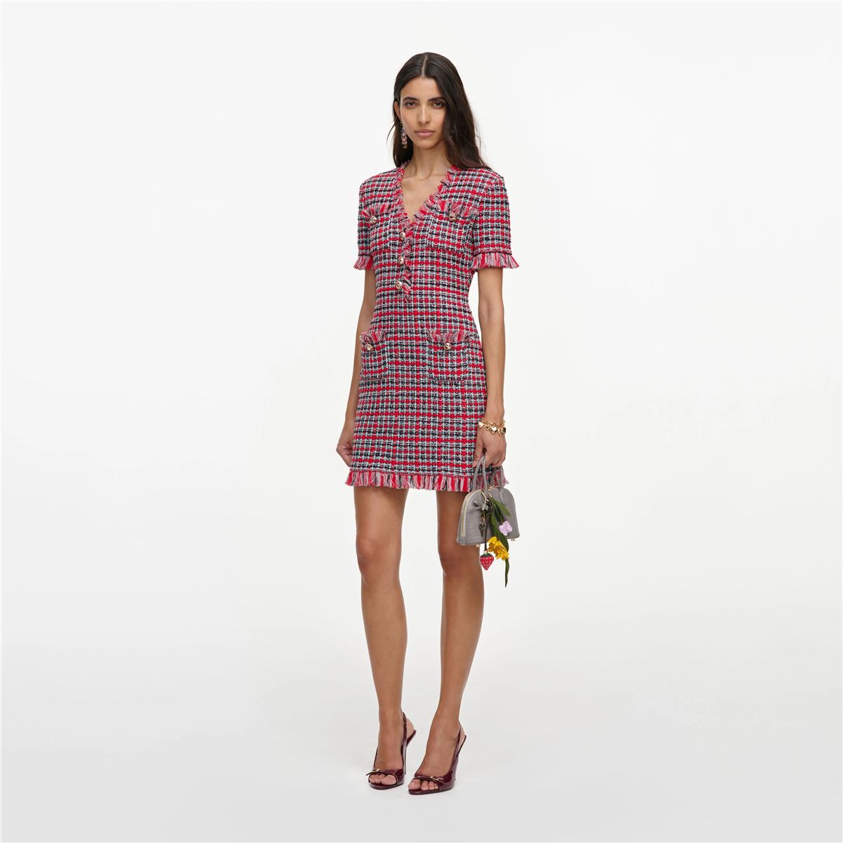 Red check frayed knit mini dress-SELF-PORTRAIT-Verso