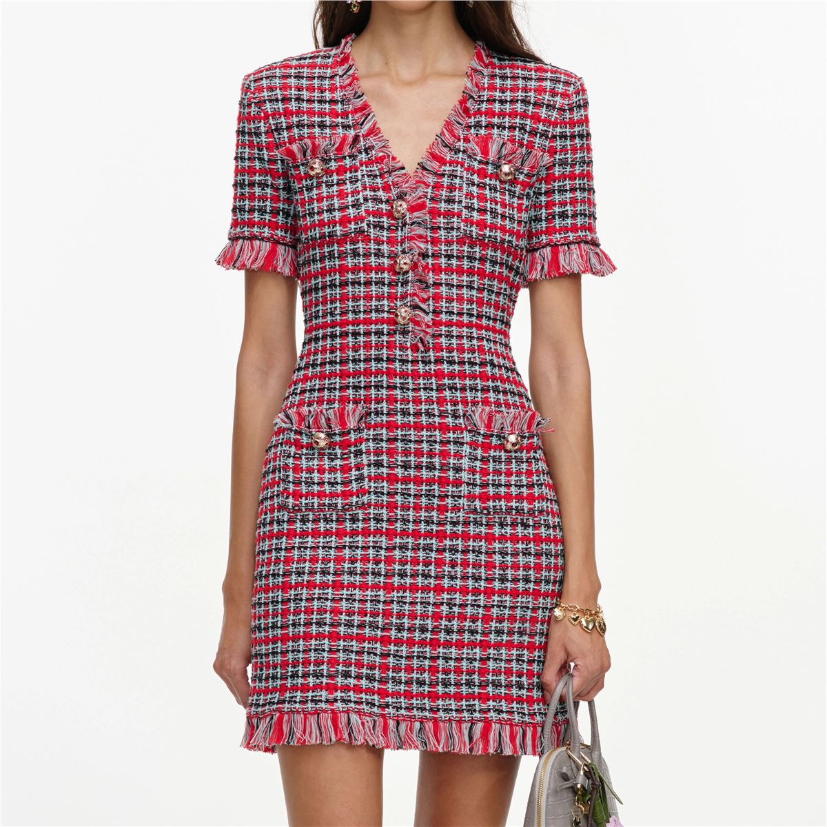 Red check frayed knit mini dress-SELF-PORTRAIT-Verso