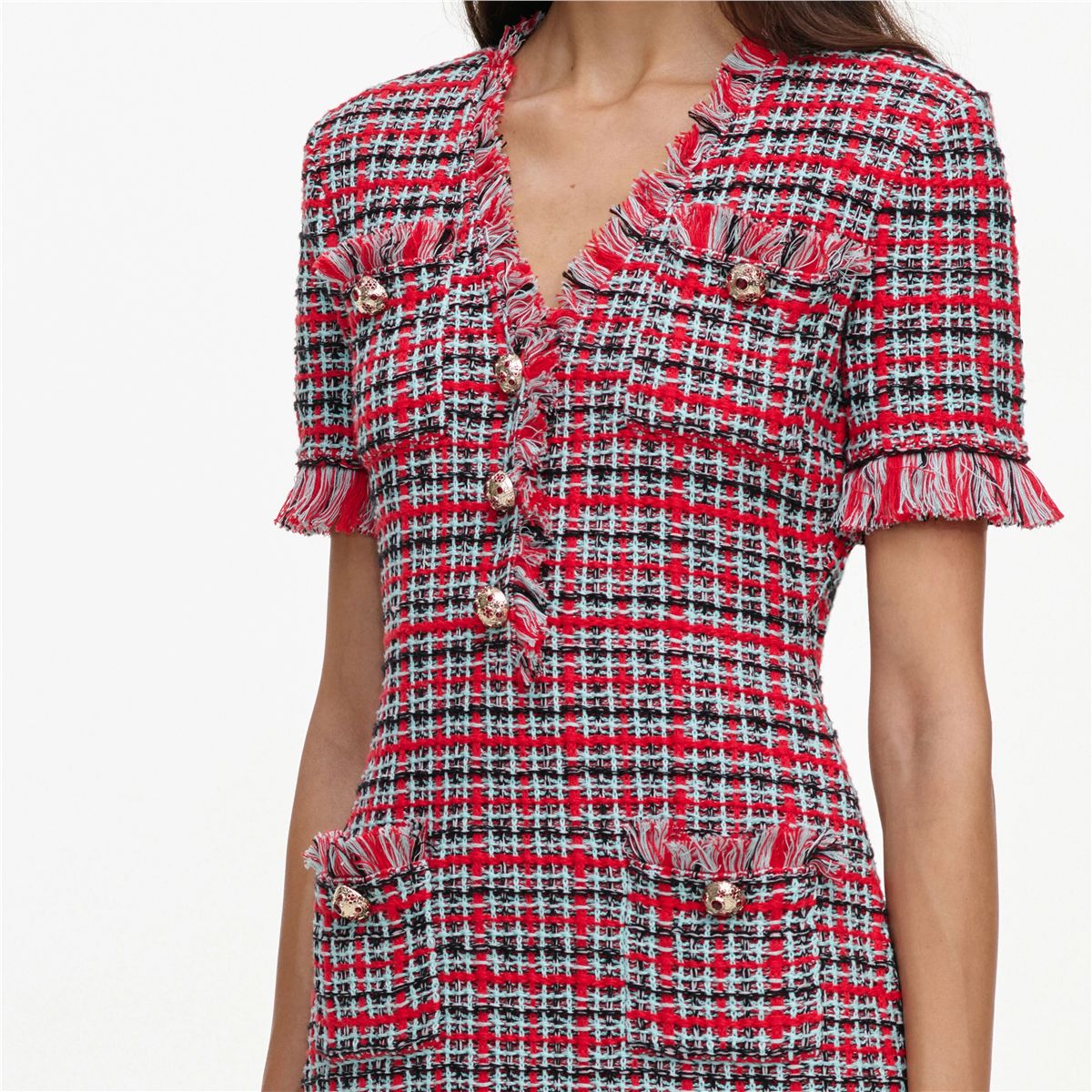 Red check frayed knit mini dress-SELF-PORTRAIT-Verso