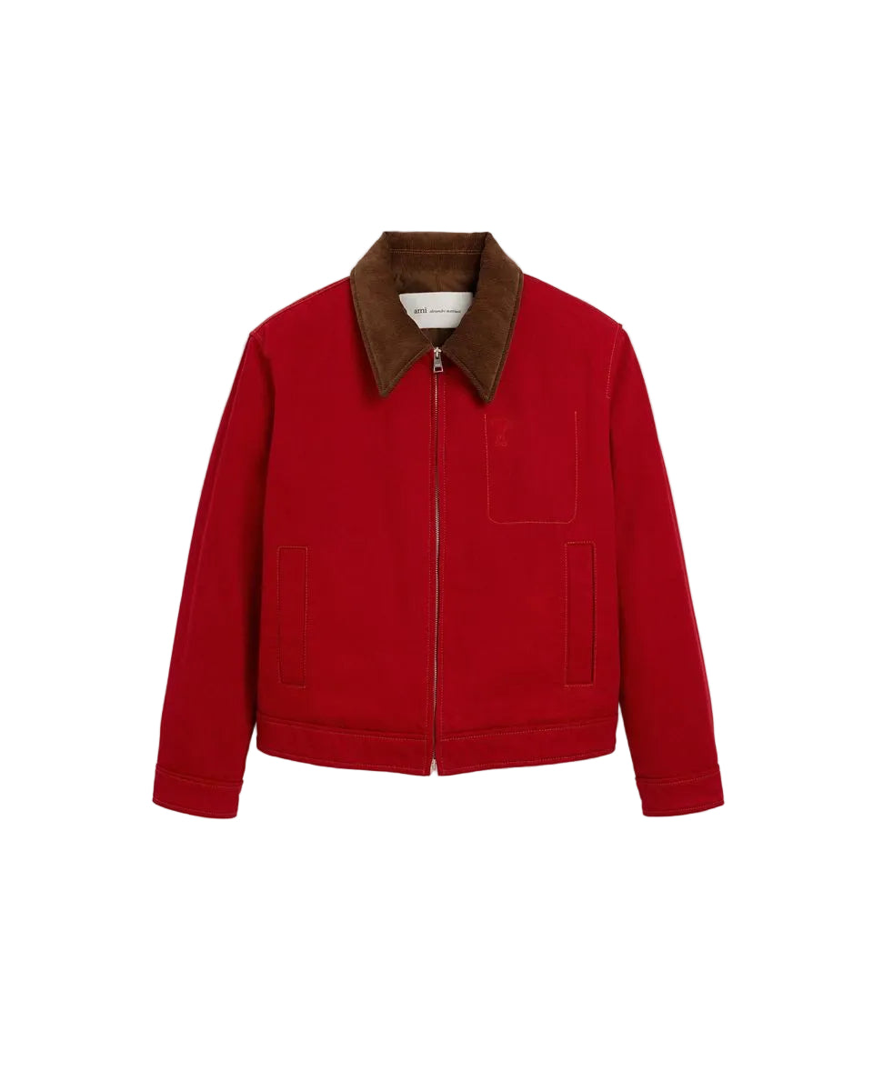 Red Cotton Zipped Jacket with Ami de Coeur-AMI-312085-M-Verso