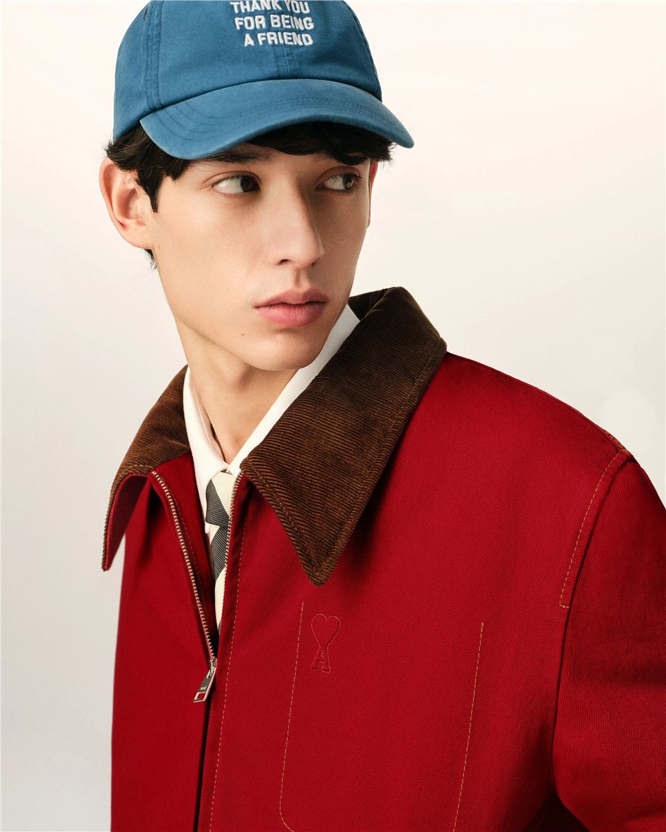 Red Cotton Zipped Jacket with Ami de Coeur-AMI-Verso