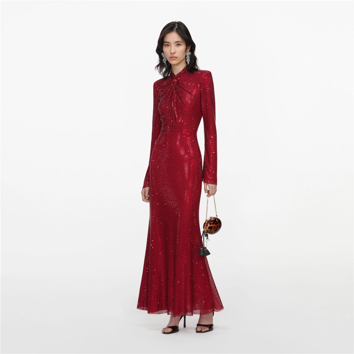 Red rhinestone mesh twist midi dress-SELF-PORTRAIT-Verso