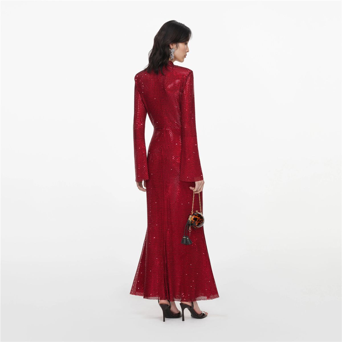 Red rhinestone mesh twist midi dress-SELF-PORTRAIT-Verso