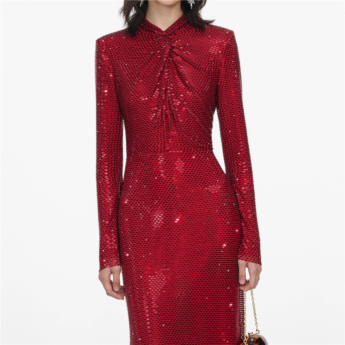 Red rhinestone mesh twist midi dress-SELF-PORTRAIT-Verso