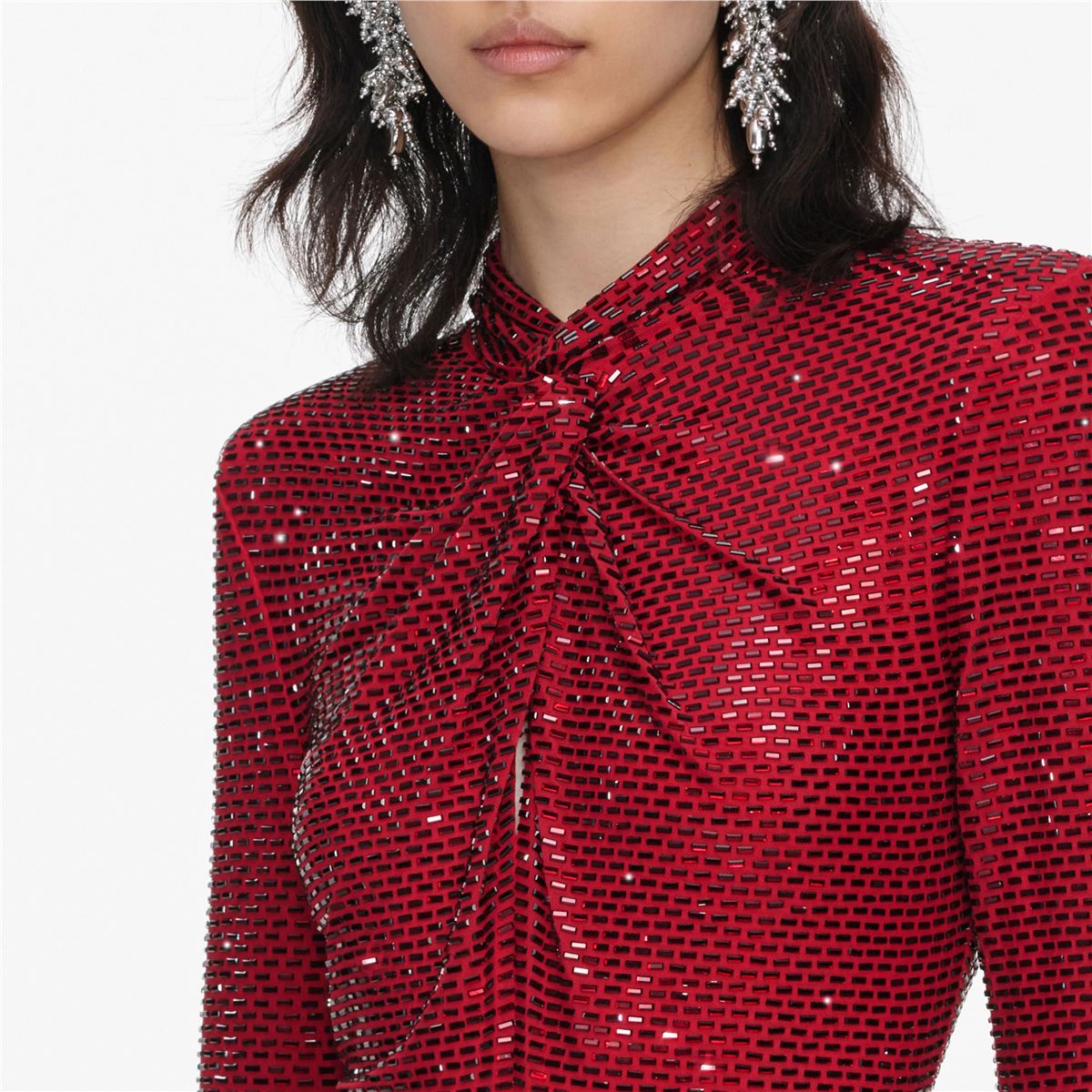 Red rhinestone mesh twist midi dress-SELF-PORTRAIT-Verso