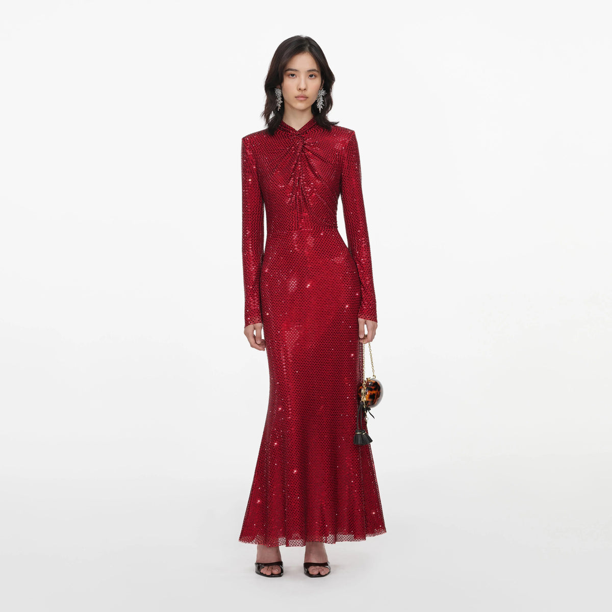 Red Rhinestone Mesh Twist Midi Dress-SELF-PORTRAIT-Verso