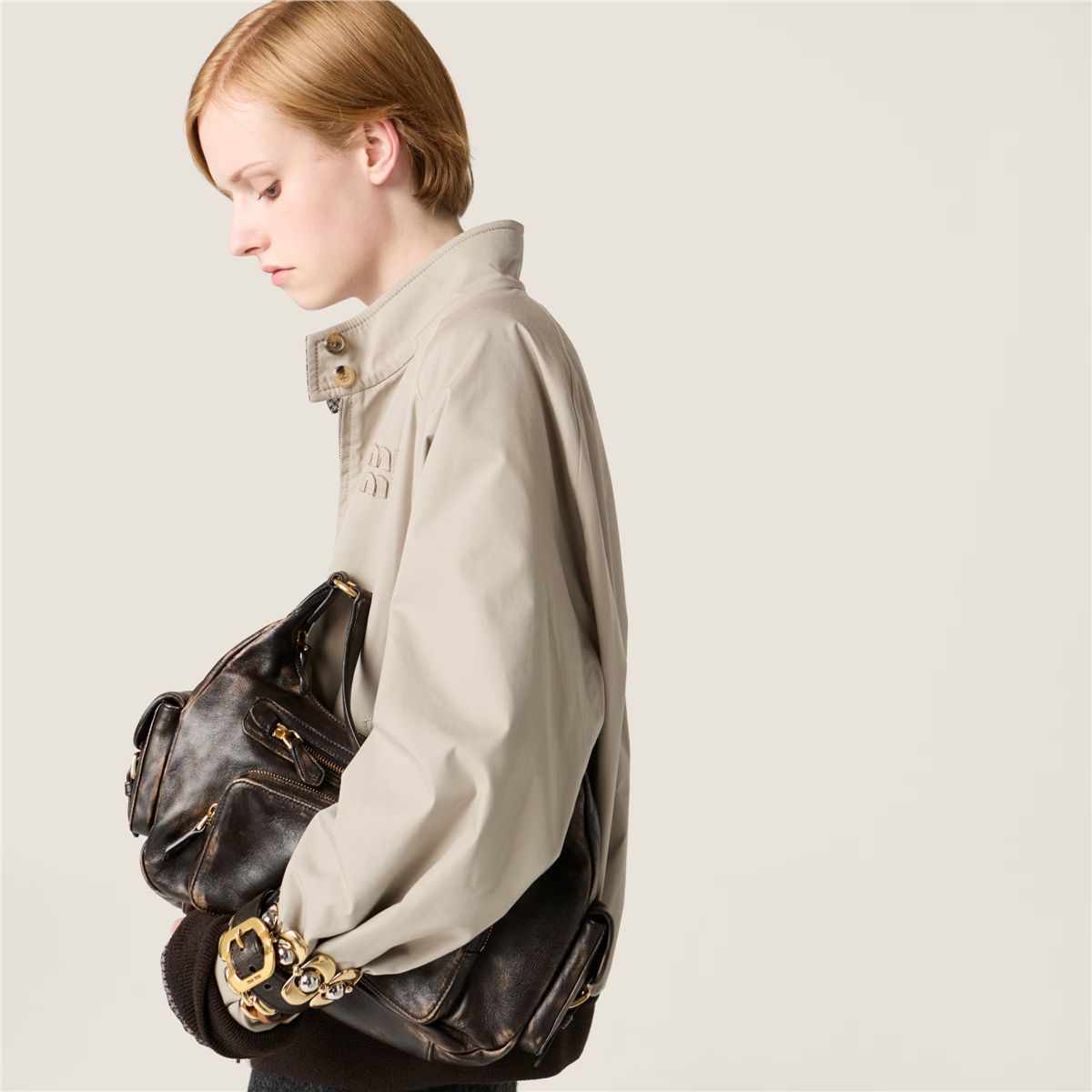 Reversible houndstooth check and panama cotton blouson jacket-MIU MIU-Verso