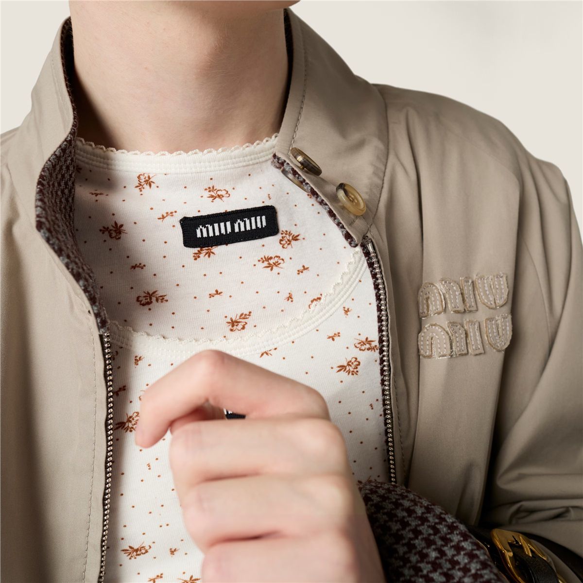 Reversible houndstooth check and panama cotton blouson jacket-MIU MIU-Verso