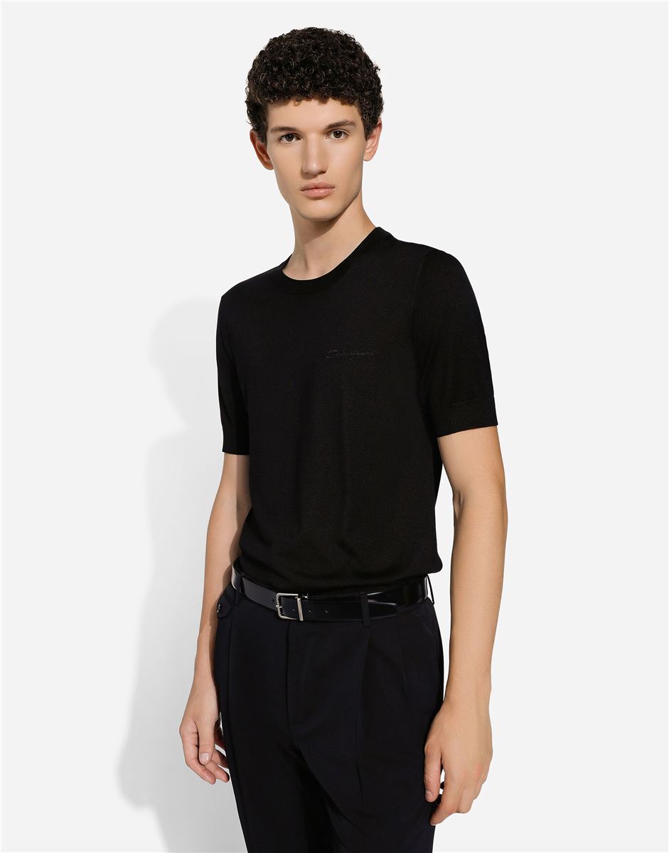 Round-neck silk sweater with dolce&gabbana logo-DOLCE & GABBANA-Verso