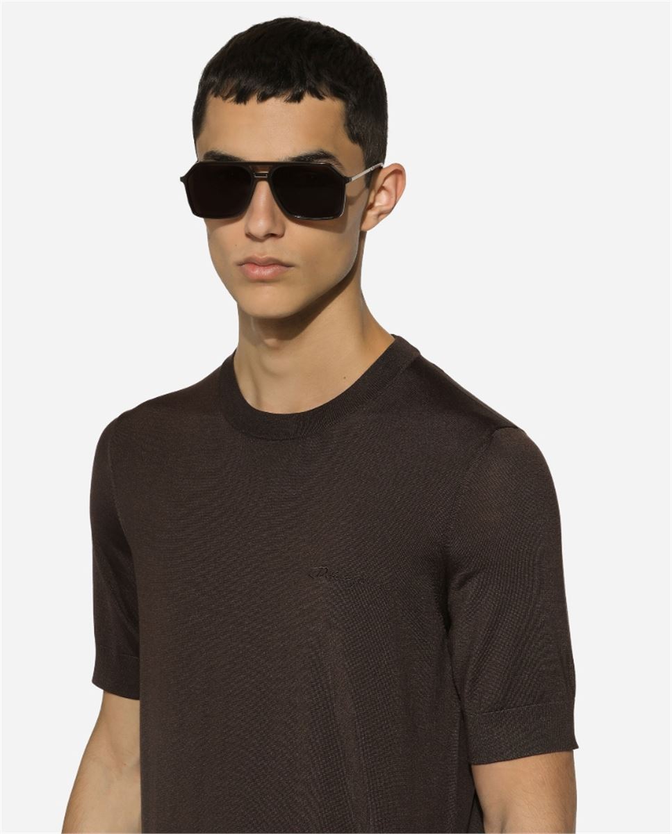 ROUND-NECK SILK SWEATER WITH DOLCE&GABBANA LOGO-DOLCE & GABBANA-Verso