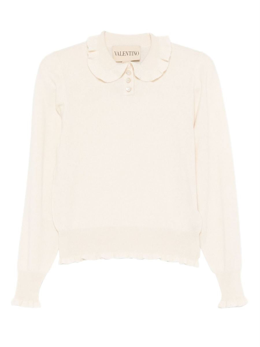 Ruffled-collar cashmere polo top-VALENTINO-Verso
