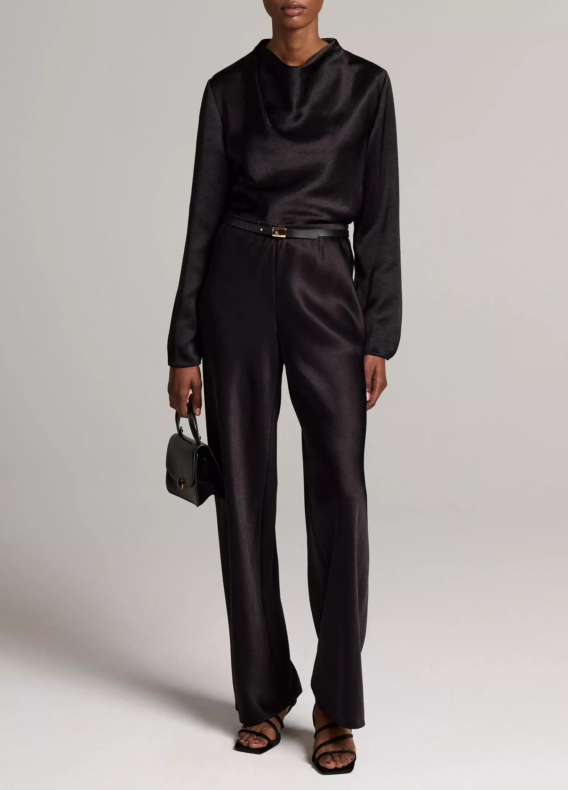 Satin draped cowl-neck long-sleeve top-VINCE-Verso