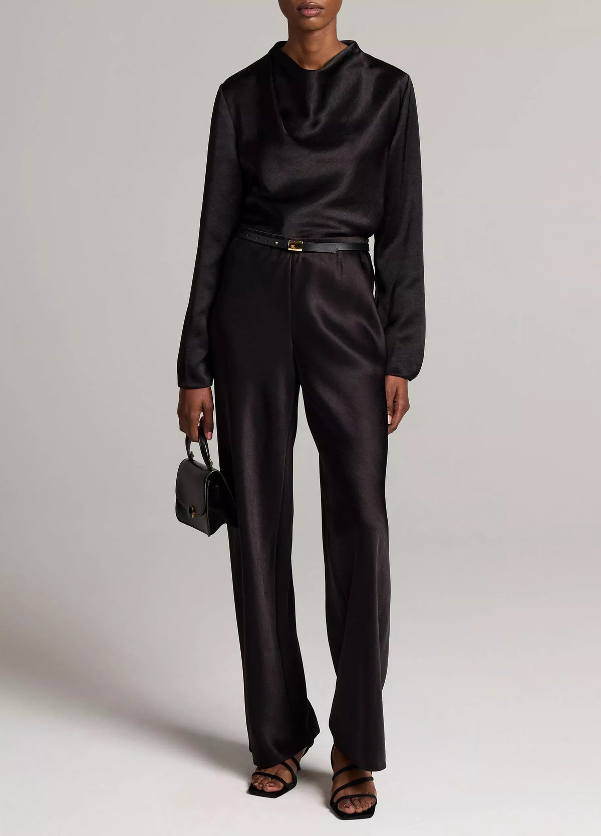 Satin draped cowl-neck long-sleeve top-VINCE-Verso