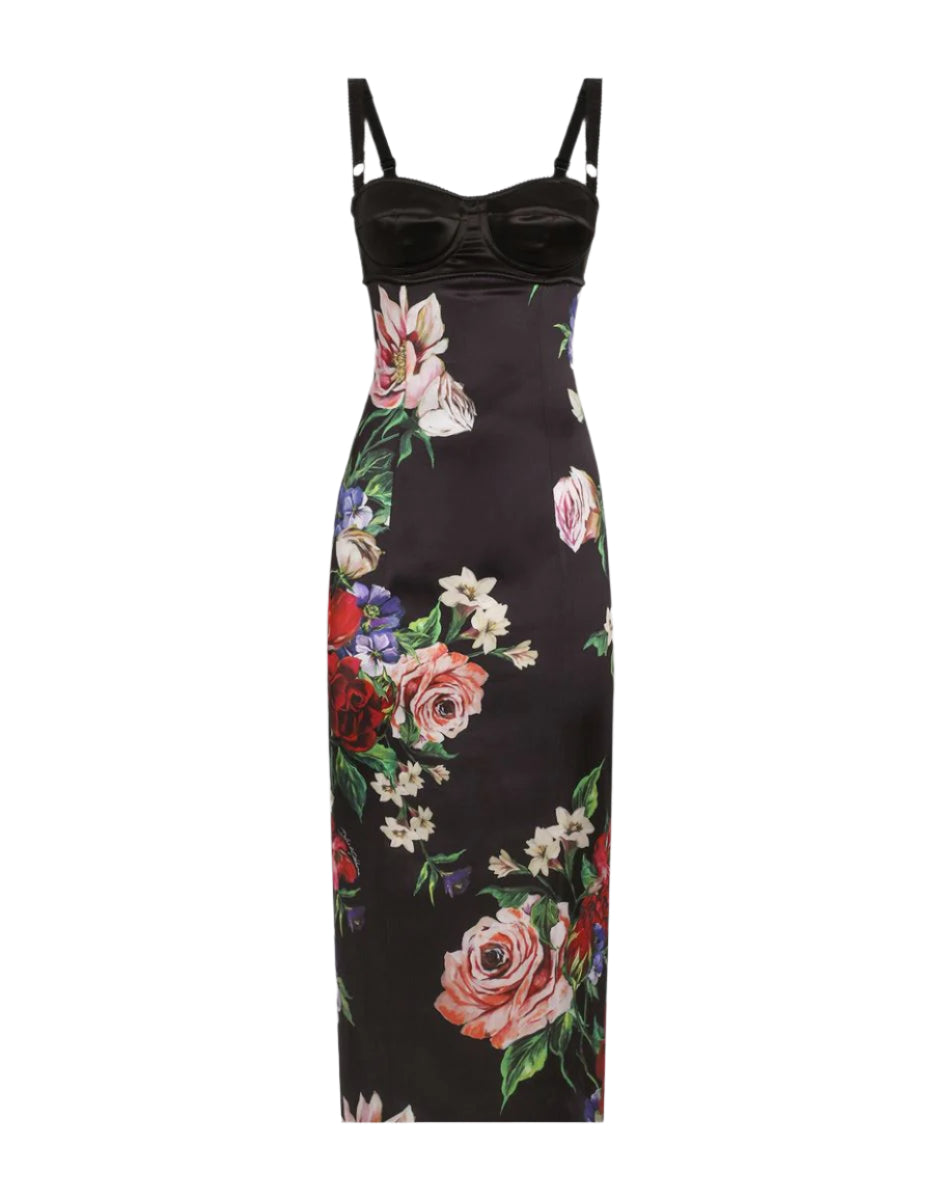 SATIN SLIP DRESS WITH BRA DETAIL AND FLORAL PRINT - DOLCE & GABBANA - Verso
