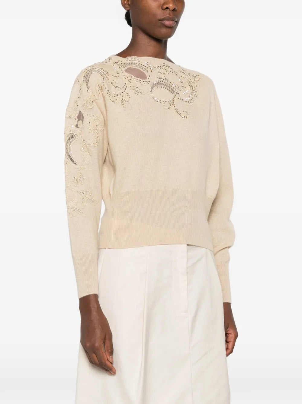 Sequin-embellished lace-insert cashmere sweater-ERMANNO SCERVINO-Verso