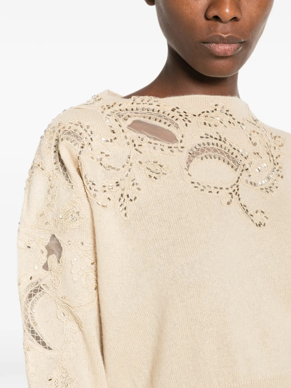 Sequin-embellished lace-insert cashmere sweater-ERMANNO SCERVINO-Verso
