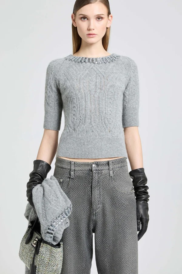 Short-sleeved cashmere sweater with cable knit, openwork and crystals-ERMANNO SCERVINO-Verso
