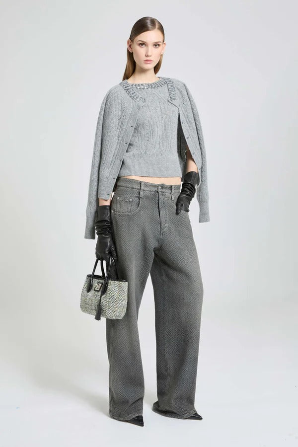 Short-sleeved cashmere sweater with cable knit, openwork and crystals-ERMANNO SCERVINO-Verso