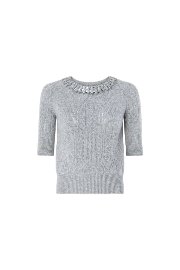 Short-sleeved cashmere sweater with cable knit, openwork and crystals-ERMANNO SCERVINO-Verso