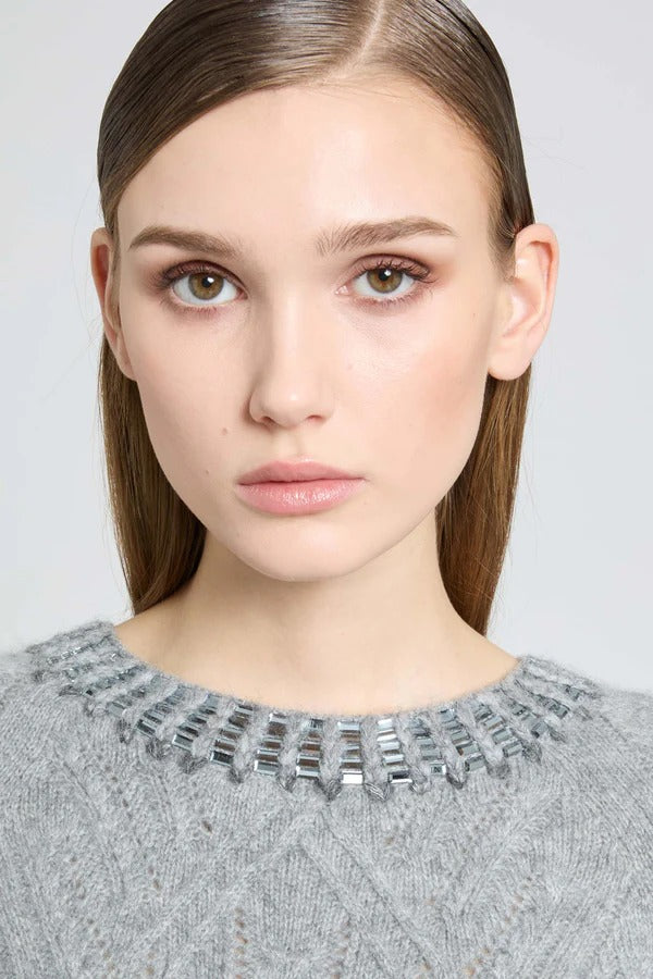 Short-sleeved cashmere sweater with cable knit, openwork and crystals-ERMANNO SCERVINO-Verso