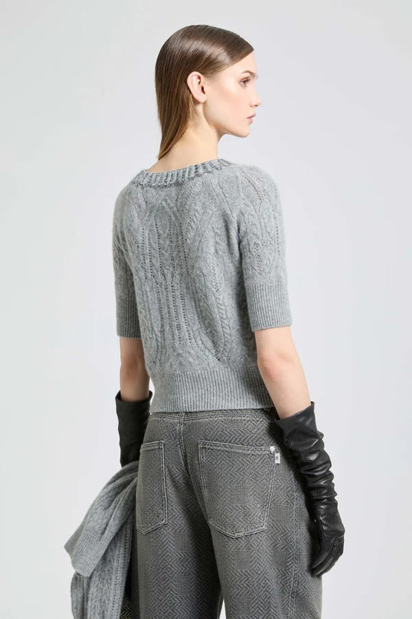 Short-sleeved cashmere sweater with cable knit, openwork and crystals-ERMANNO SCERVINO-Verso