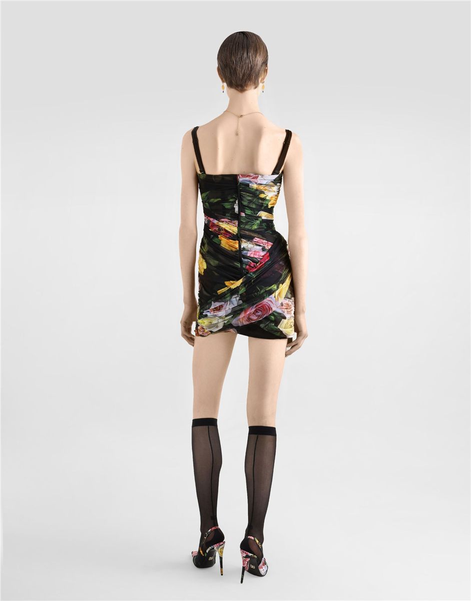 Short Tulle Dress with Draping and Peony and Rose Print-DOLCE&GABBANA-Verso