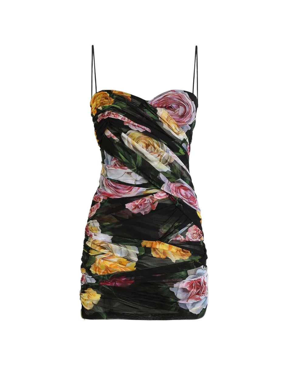 Short Tulle Dress with Draping and Peony and Rose Print-DOLCE&GABBANA-309084-40-Verso