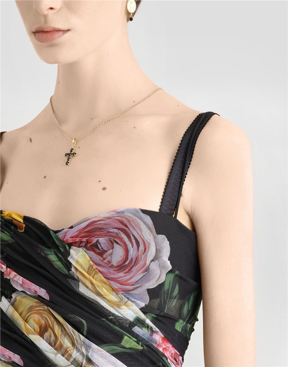 Short Tulle Dress with Draping and Peony and Rose Print-DOLCE&GABBANA-Verso