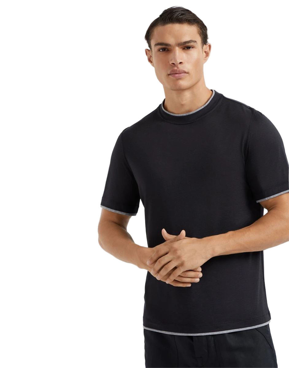 silk and cotton jersey crew neck t-shirt with faux-layering-BRUNELLO CUCINELLI-Verso