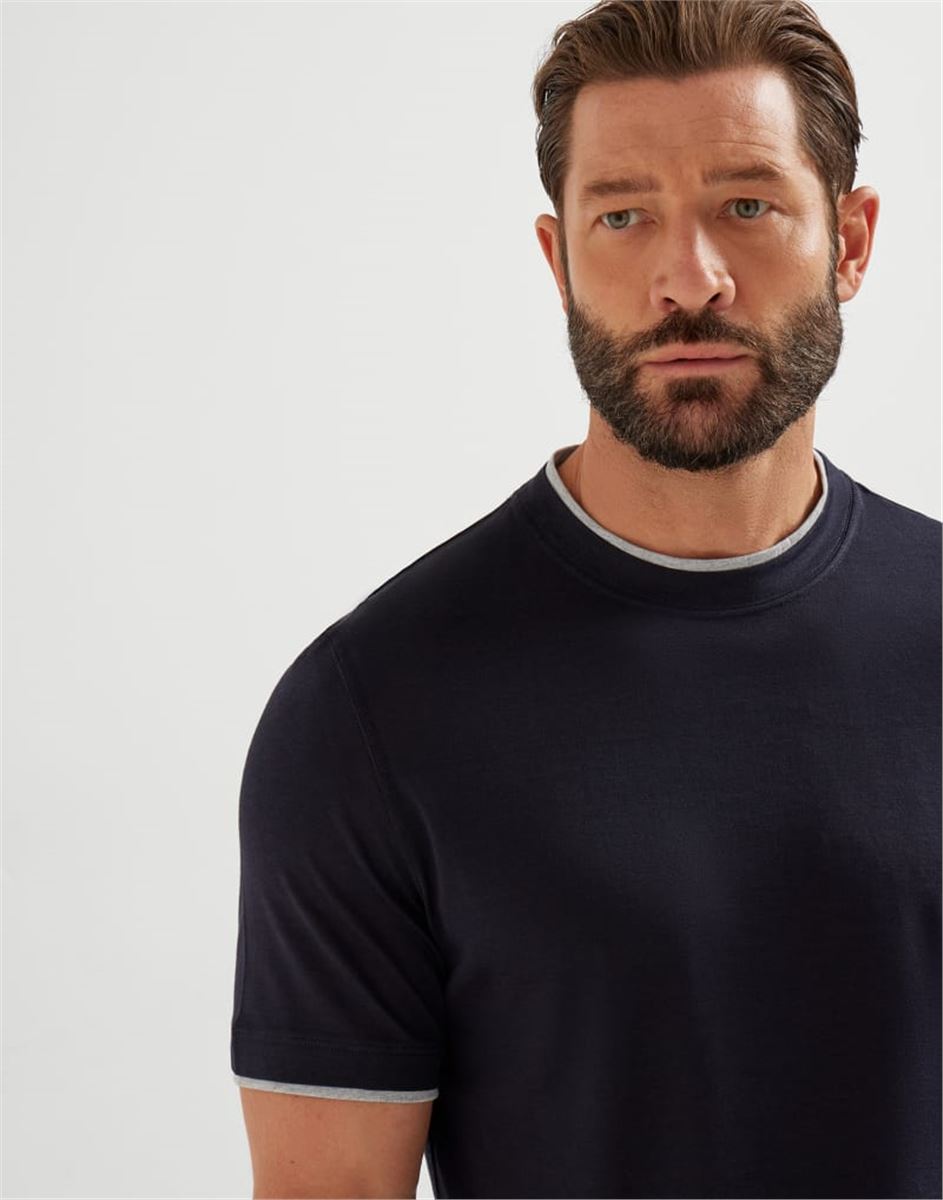 silk and cotton lightweight jersey crew neck t-shirt with faux-layering-BRUNELLO CUCINELLI-Verso
