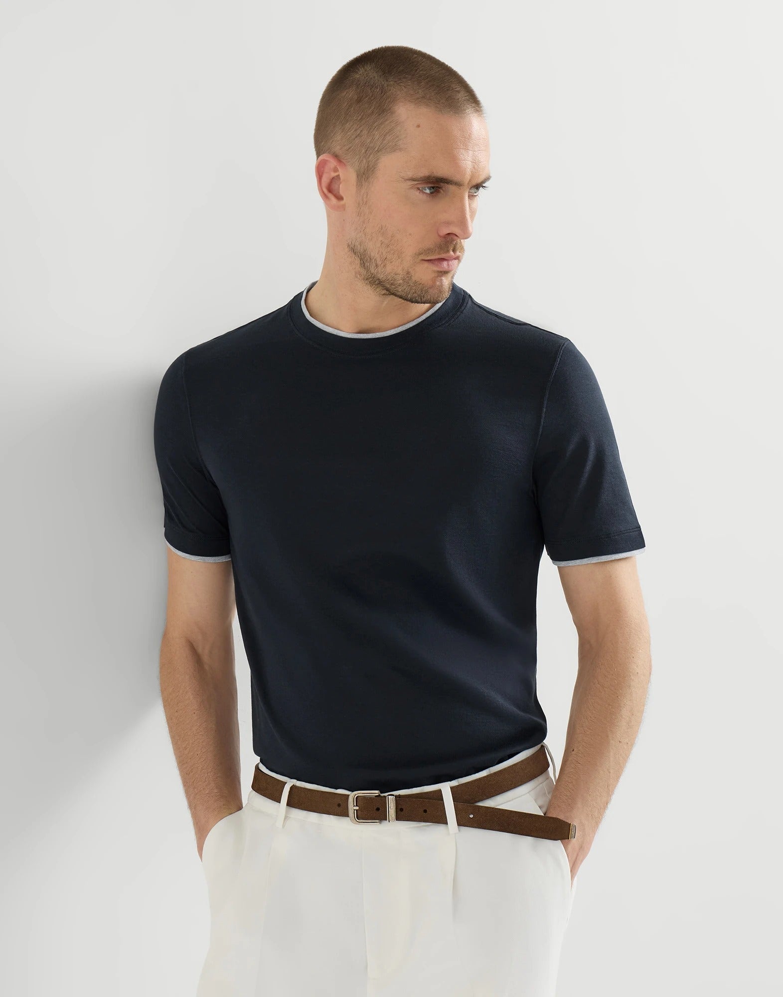 Silk and cotton lightweight jersey crew neck t-shirt with faux-layering-BRUNELLO CUCINELLI-Verso