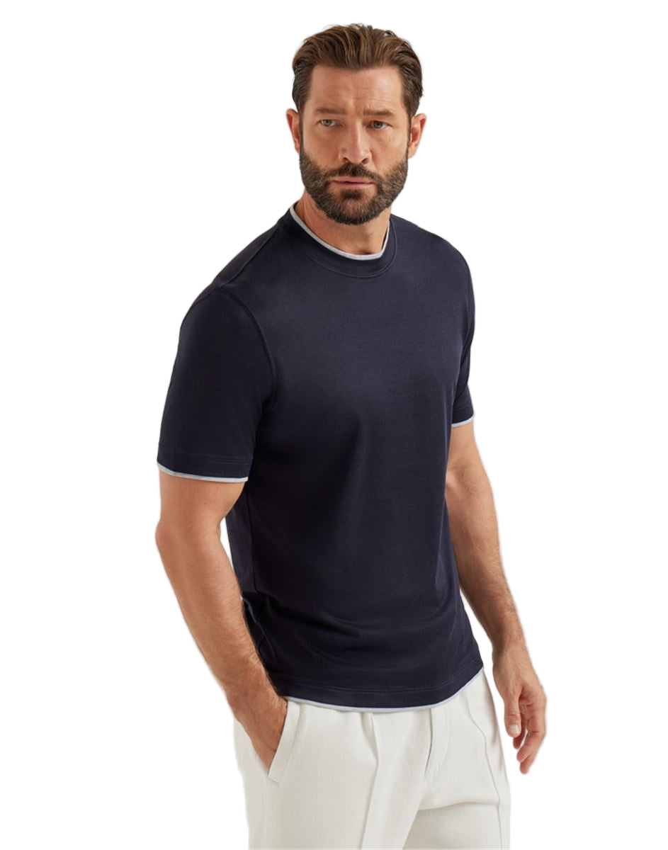 silk and cotton lightweight jersey crew neck t-shirt with faux-layering-BRUNELLO CUCINELLI-Verso